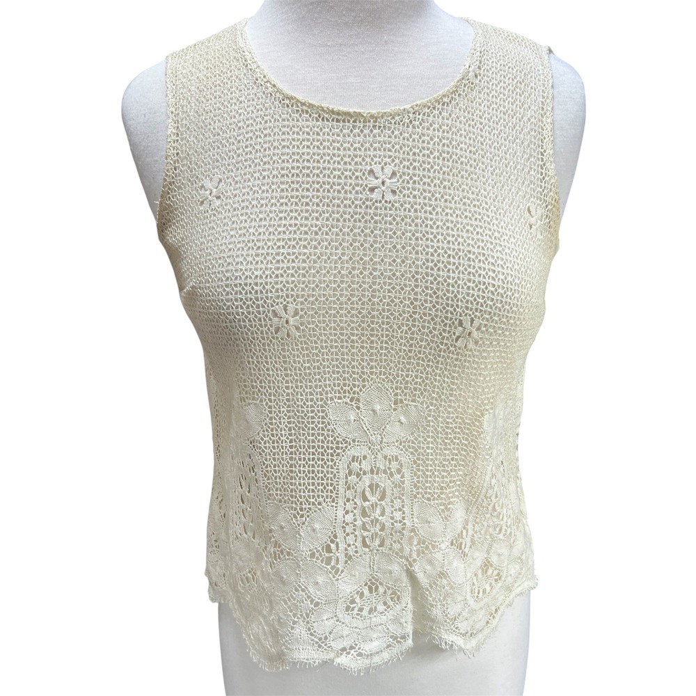 Vtg 1950s Ivory Corded Lace Shell Top Talon Metal Zip Boho Sz S Open Weave Tank